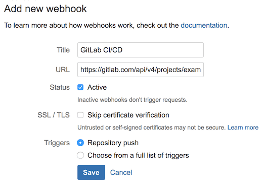 Bitbucket Cloud repository settings page displaying webhook configuration for GitLab mirroring.