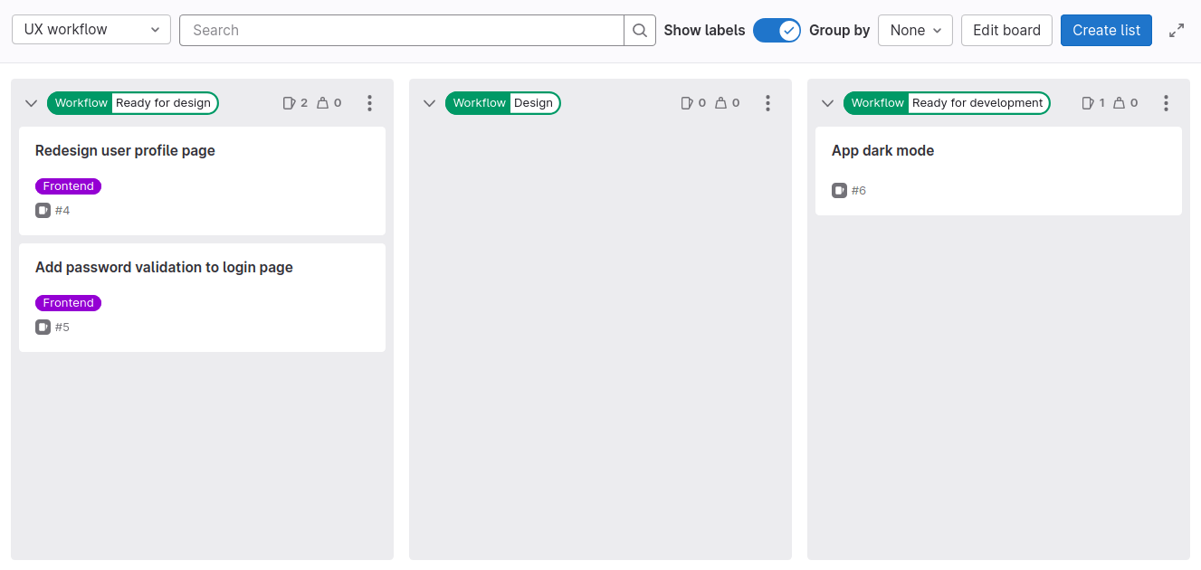 "UX workflow" issue board with three issues across three workflow columns.