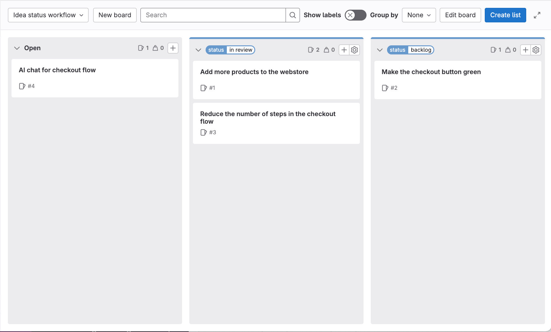 Idea issue board with example issues.