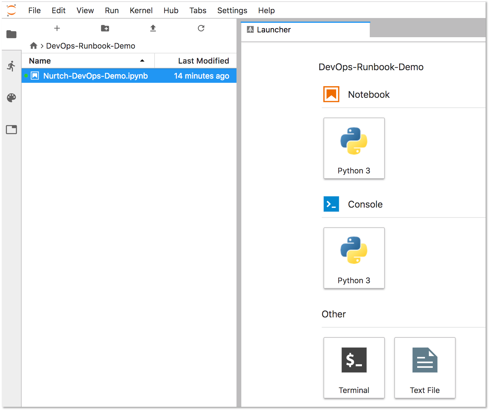 JupyterHub file browser with Nurtch-DevOps-Demo.ipynb runbook selected.