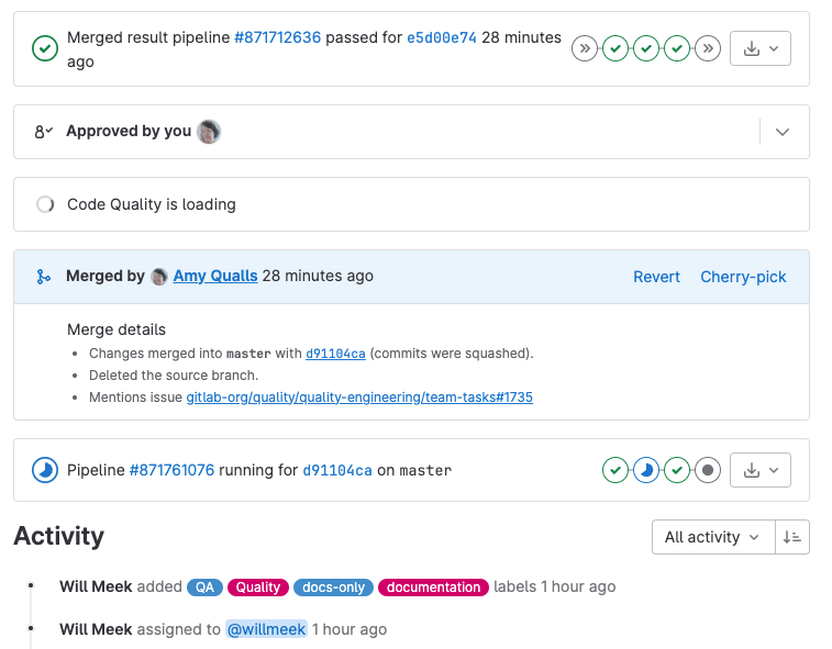 Merge request widgets showing the post-merge pipeline status