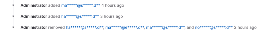 Obfuscated email addresses of external participants in system notes.